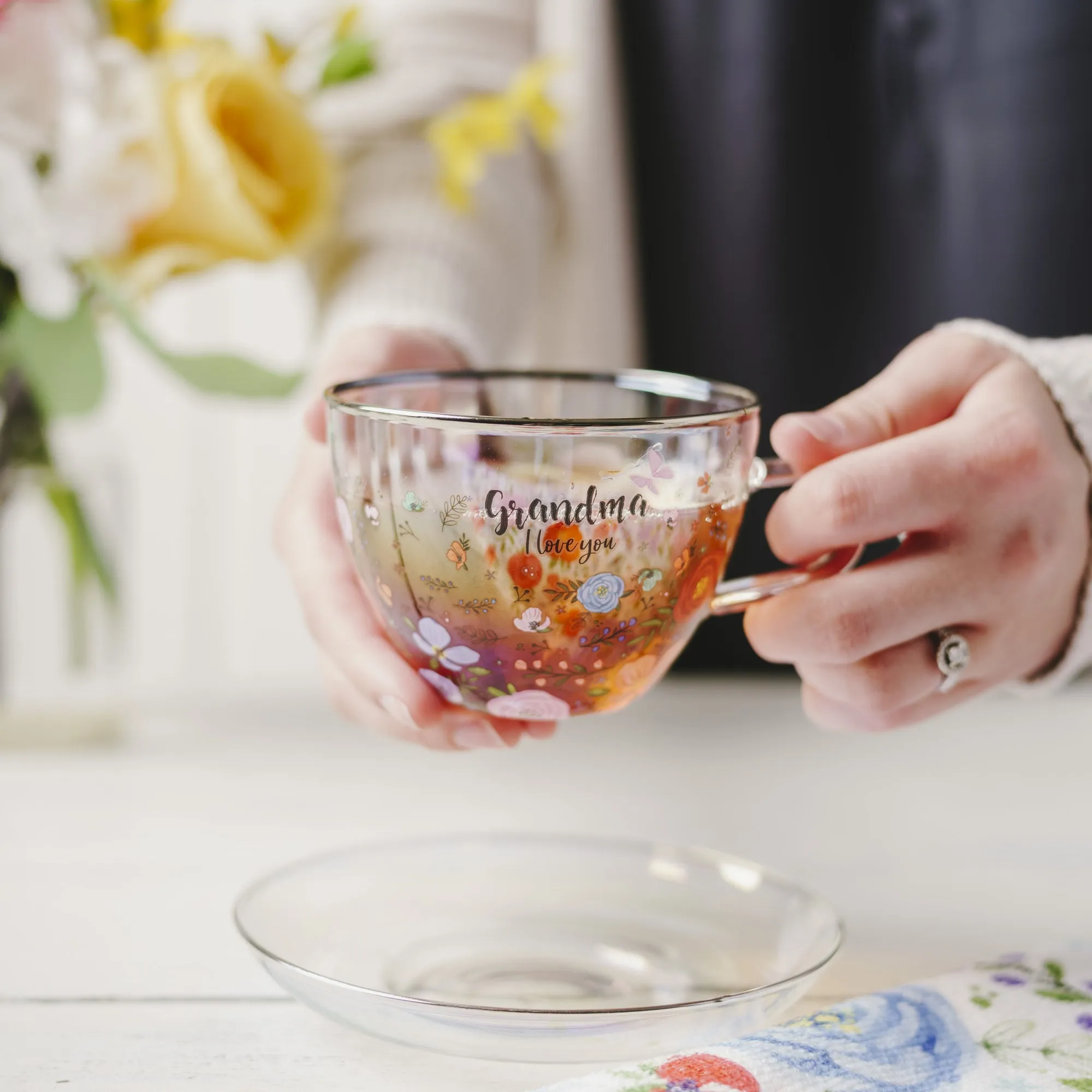 Grandma 7 oz Glass Teacup and Saucer