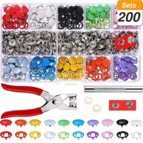 Grommets Snap Fasteners Kit 9.5mm 10 Colors Buttons Metal Press Studs Prong Ring Button for Children's  Clothing, Bib, Crafting