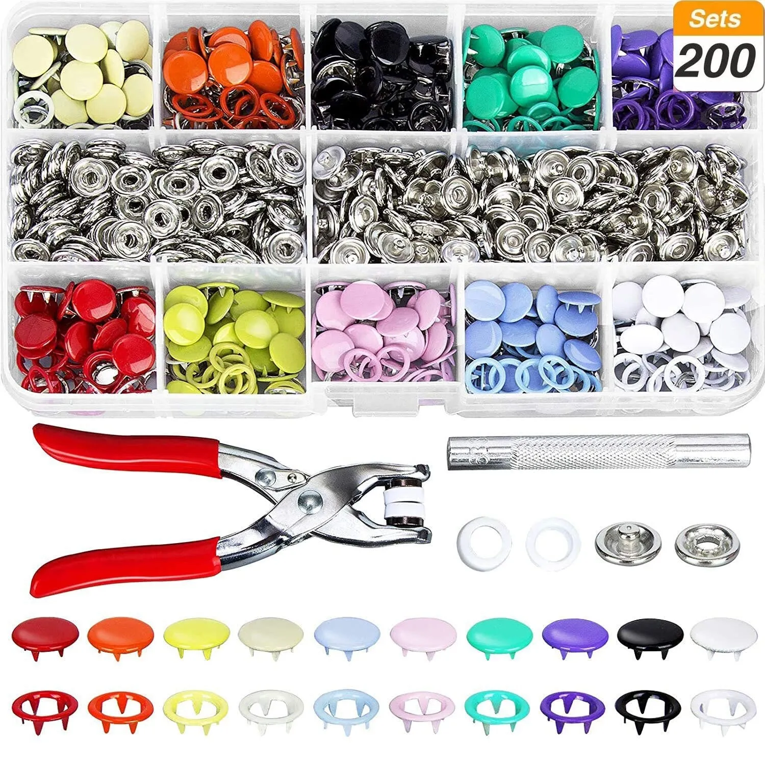 Grommets Snap Fasteners Kit 9.5mm 10 Colors Buttons Metal Press Studs Prong Ring Button for Children's  Clothing, Bib, Crafting