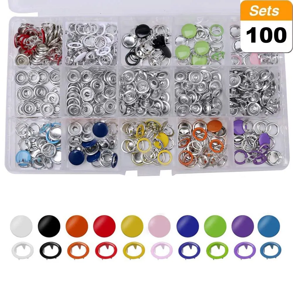 Grommets Snap Fasteners Kit 9.5mm 10 Colors Buttons Metal Press Studs Prong Ring Button for Children's  Clothing, Bib, Crafting