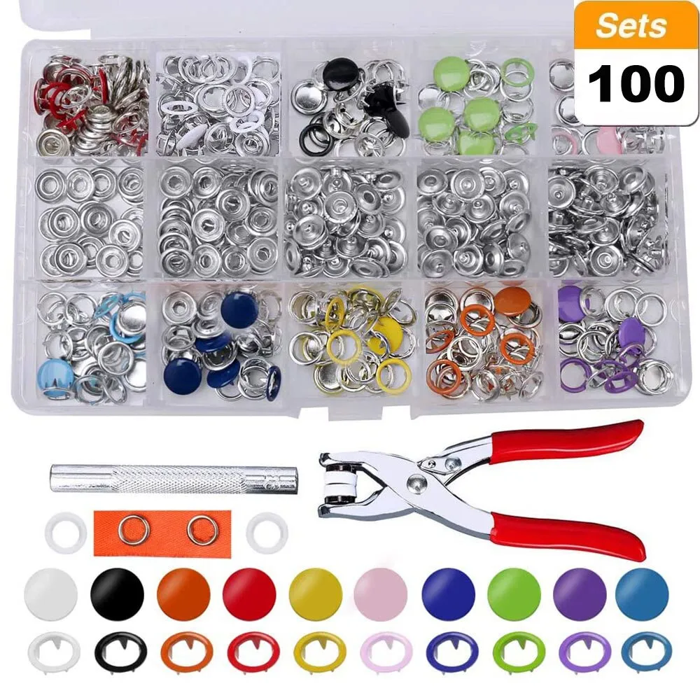 Grommets Snap Fasteners Kit 9.5mm 10 Colors Buttons Metal Press Studs Prong Ring Button for Children's  Clothing, Bib, Crafting