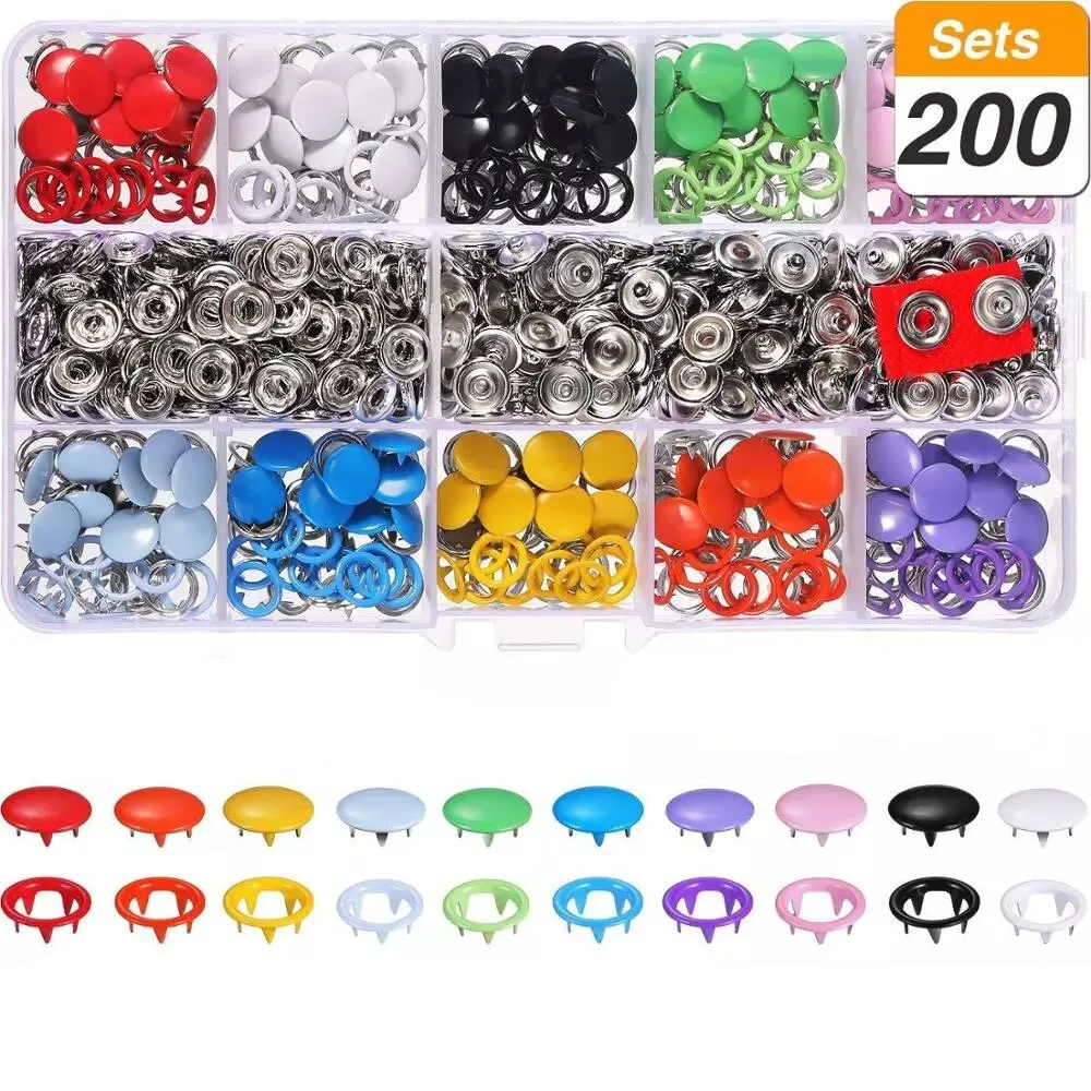 Grommets Snap Fasteners Kit 9.5mm 10 Colors Buttons Metal Press Studs Prong Ring Button for Children's  Clothing, Bib, Crafting