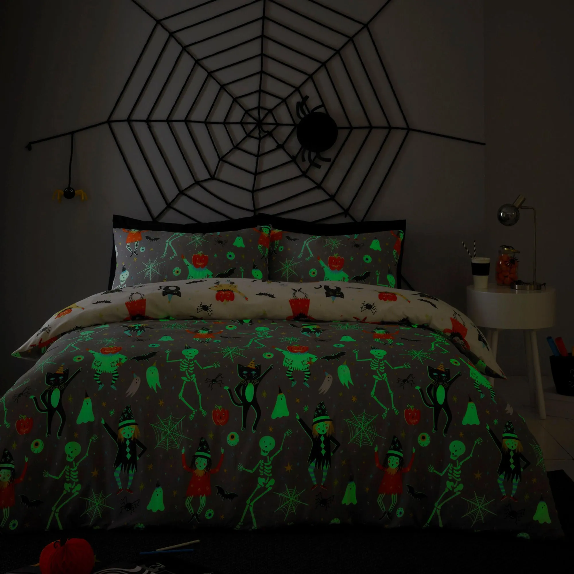 Halloween Party Glow in the Dark Duvet Cover Set by Bedlam in Grey