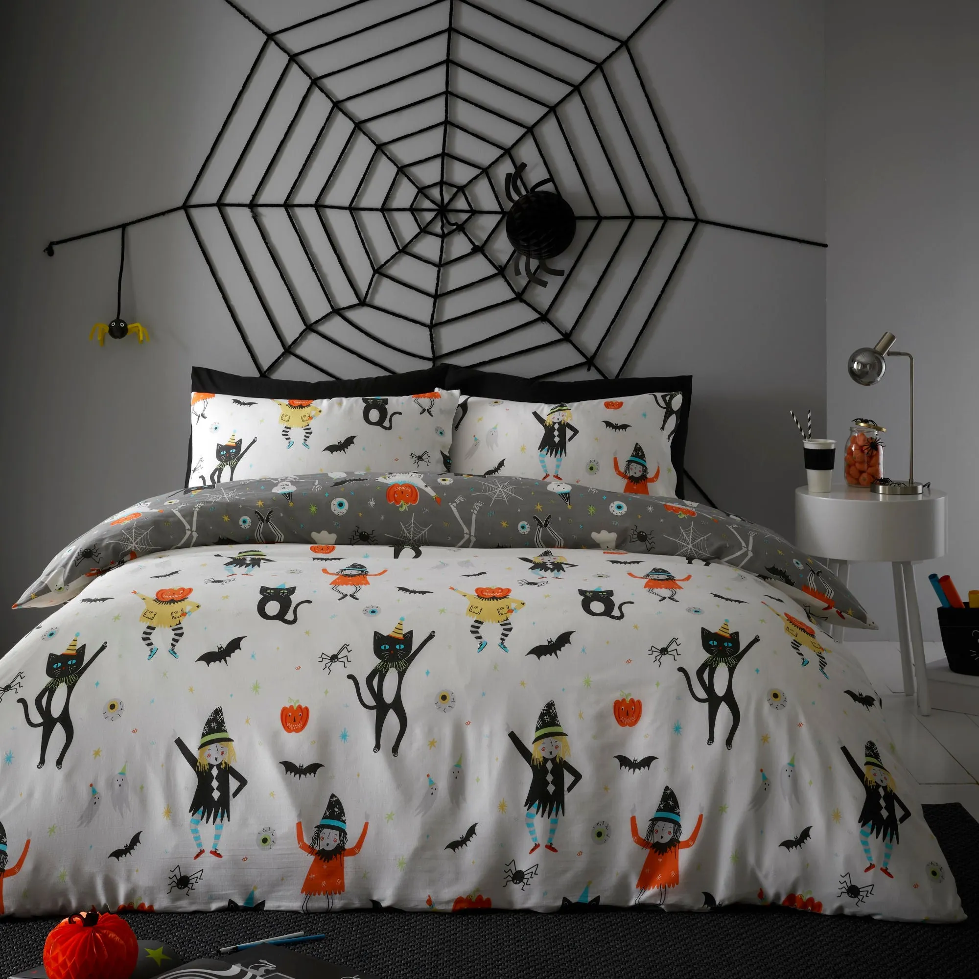 Halloween Party Glow in the Dark Duvet Cover Set by Bedlam in Grey