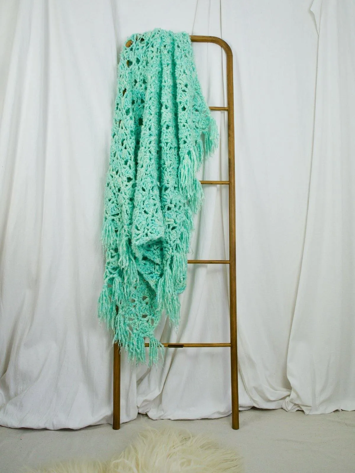 Handknit Mint Fringe Throw Blanket