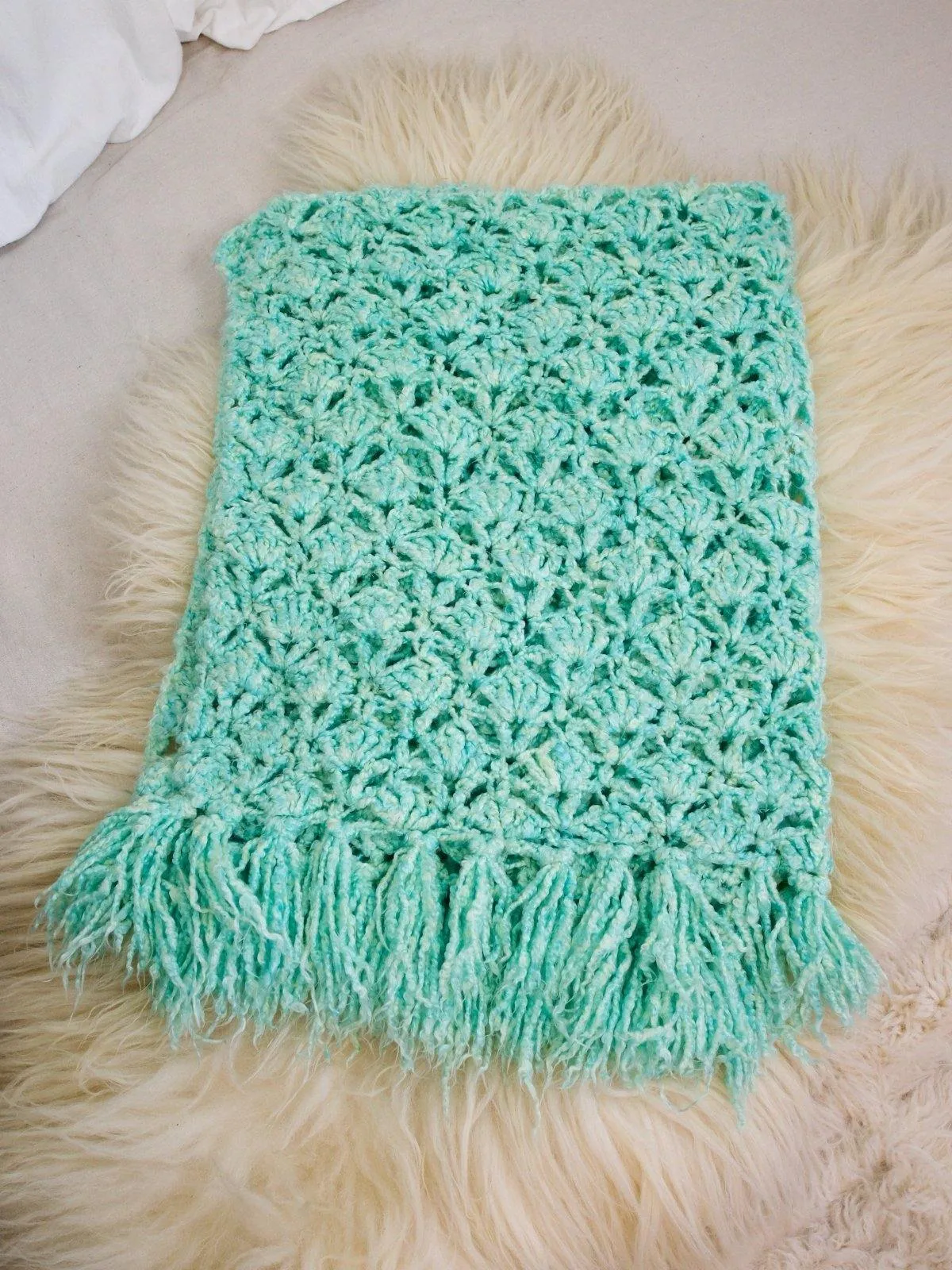 Handknit Mint Fringe Throw Blanket