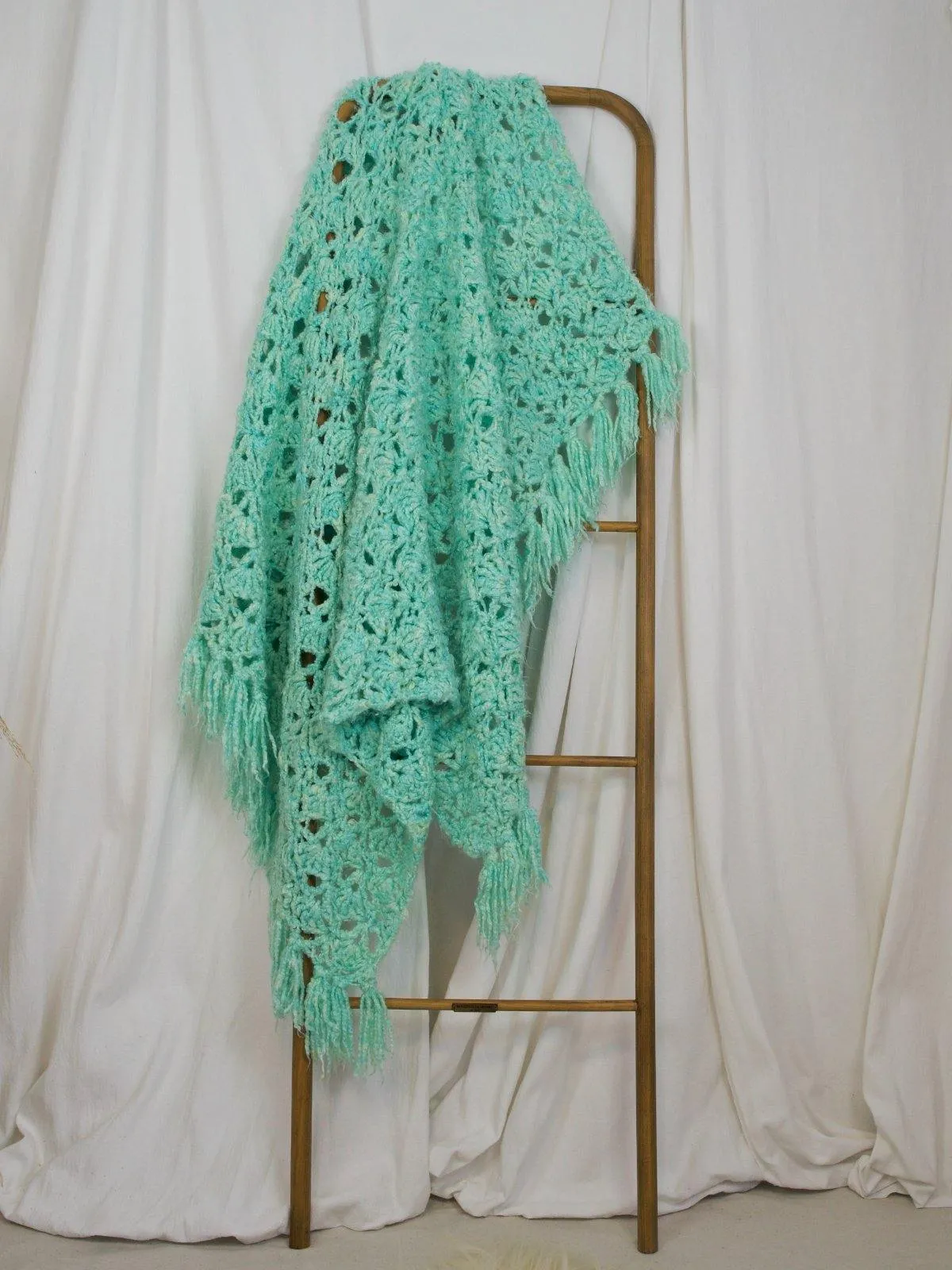 Handknit Mint Fringe Throw Blanket