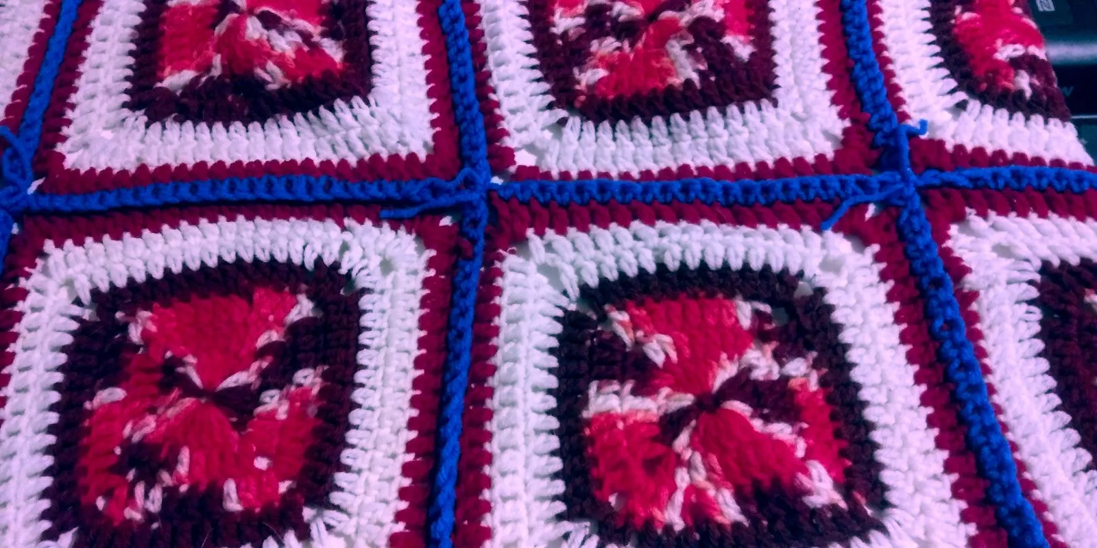 Handmade Granny Square hand crochet of Red, Whites, and Blue Border Baby Blanket