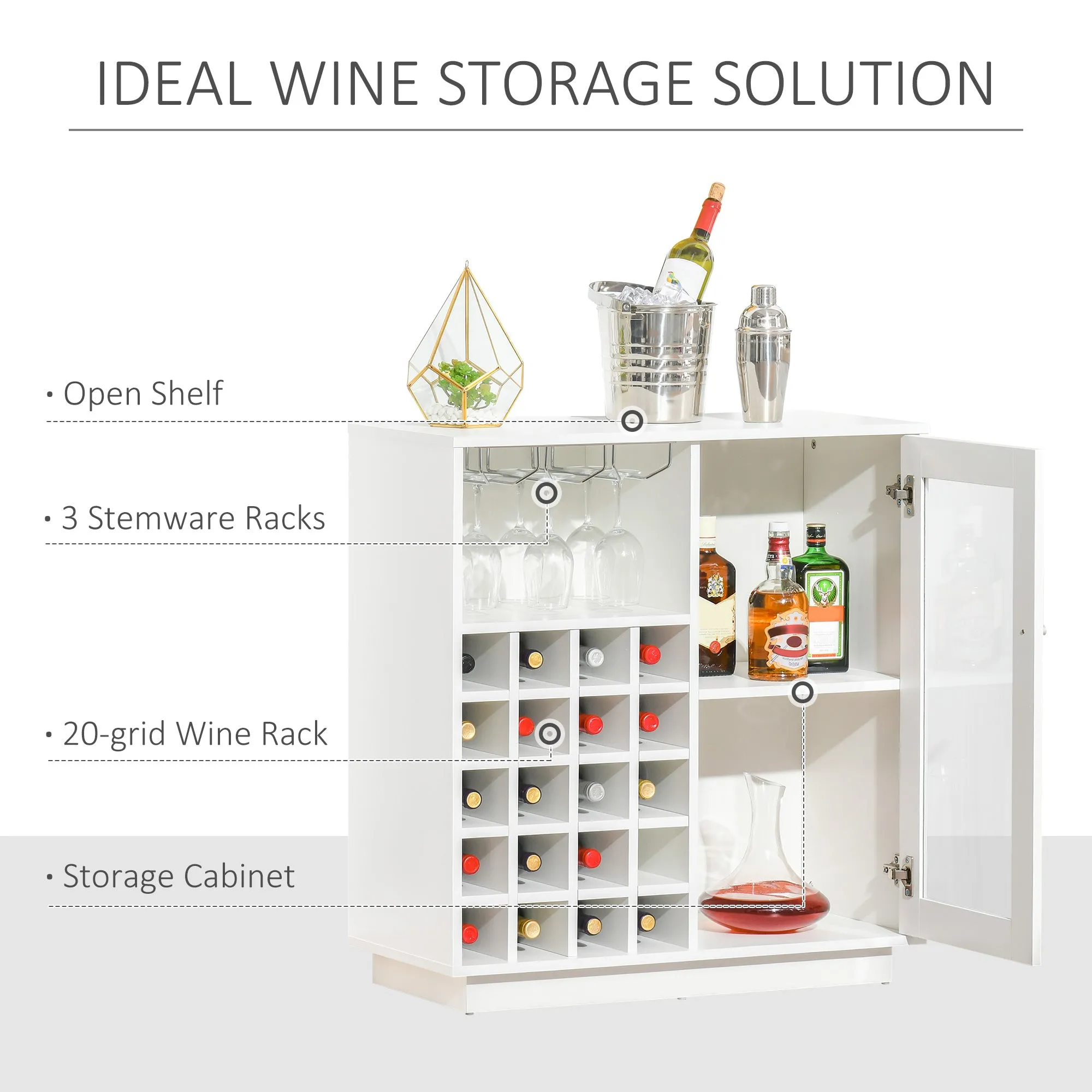 HOMCOM Sideboard Wine Cabinet Cupboard Glass Door, Glass Holder & Wine Rack