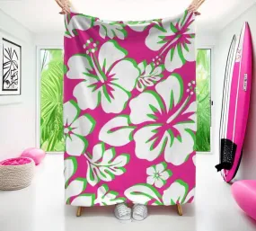 Hot Pink, Lime Green and White Hawaiian Flowers Minky Throw Blanket