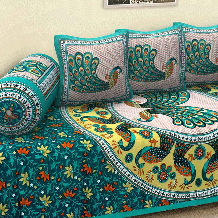 Jaipuri Design Single Bedsheet ( 100% cotton, 6pc set, Diwan set )