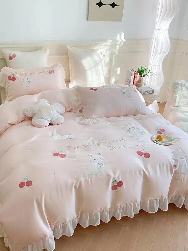 Kawaii Cute Pink Kitty/ Cat and Cherry Ruffle Edge Cotton Bedding Duvet Cover Set Queen King Size