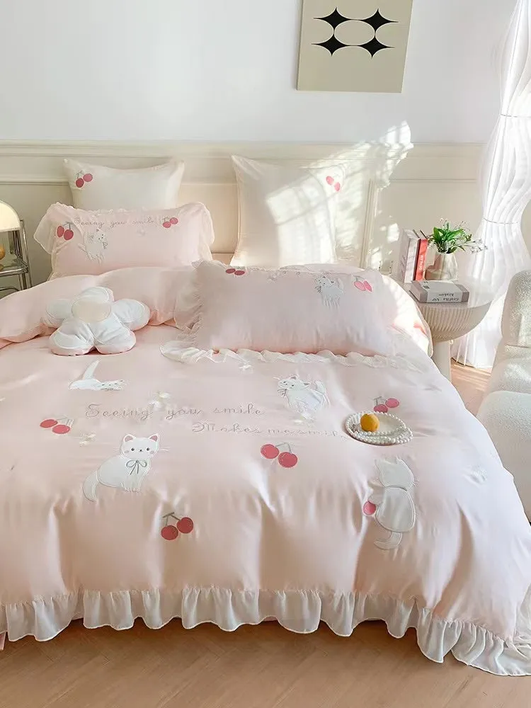 Kawaii Cute Pink Kitty/ Cat and Cherry Ruffle Edge Cotton Bedding Duvet Cover Set Queen King Size