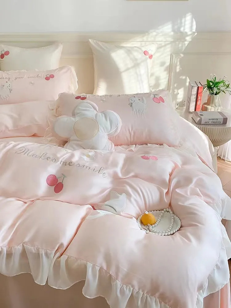 Kawaii Cute Pink Kitty/ Cat and Cherry Ruffle Edge Cotton Bedding Duvet Cover Set Queen King Size