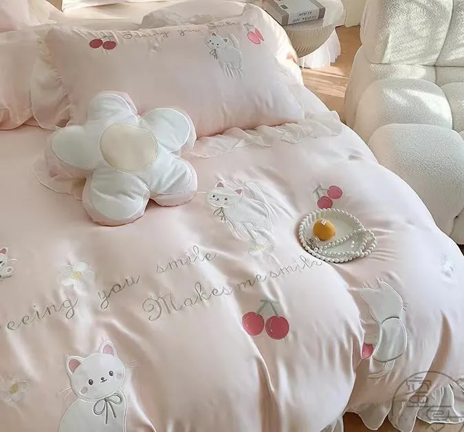 Kawaii Cute Pink Kitty/ Cat and Cherry Ruffle Edge Cotton Bedding Duvet Cover Set Queen King Size