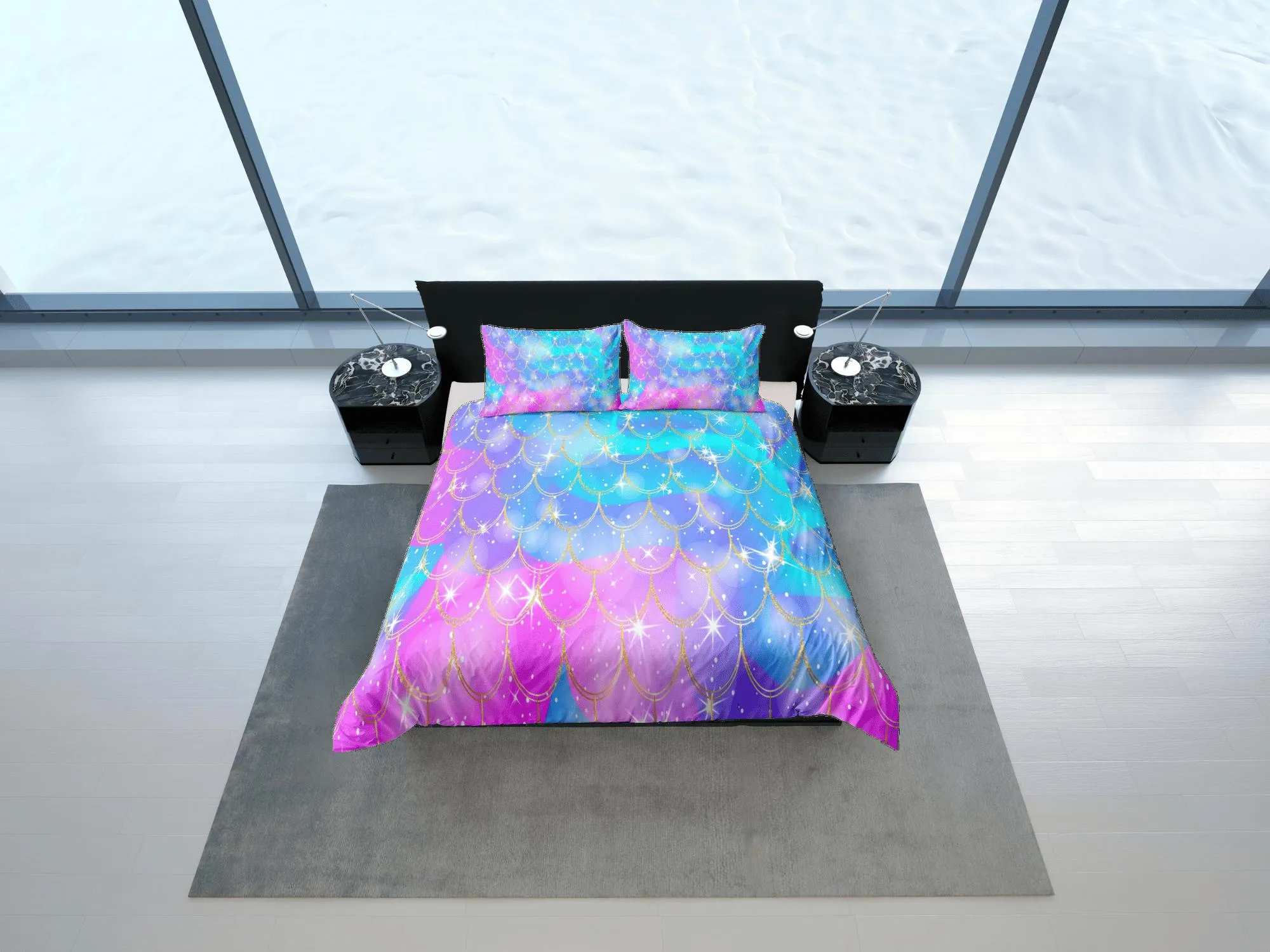 Mermaid Tail Duvet Cover Set, Pastel Rainbow Bedspread Dorm Bedding Set, Comforter Cover Twin, Kids Bedding