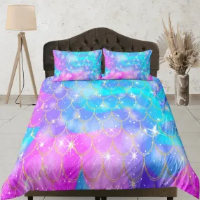 Mermaid Tail Duvet Cover Set, Pastel Rainbow Bedspread Dorm Bedding Set, Comforter Cover Twin, Kids Bedding