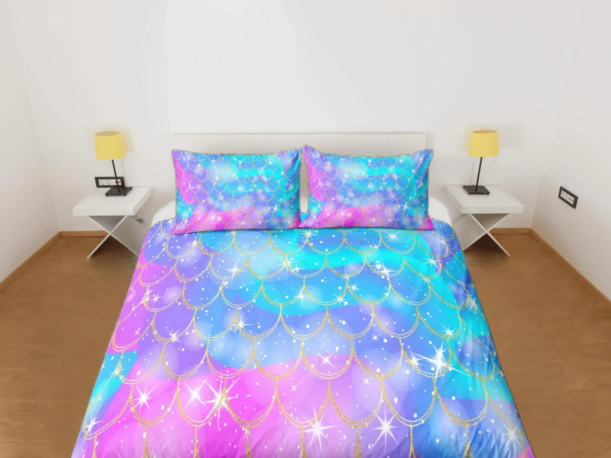 Mermaid Tail Duvet Cover Set, Pastel Rainbow Bedspread Dorm Bedding Set, Comforter Cover Twin, Kids Bedding