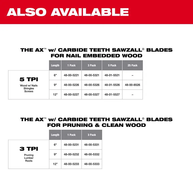 Milwaukee AX Sawzall 12 in. Carbide Pruning & Clean Wood Reciprocating Saw Blade 3 TPI 1 blade