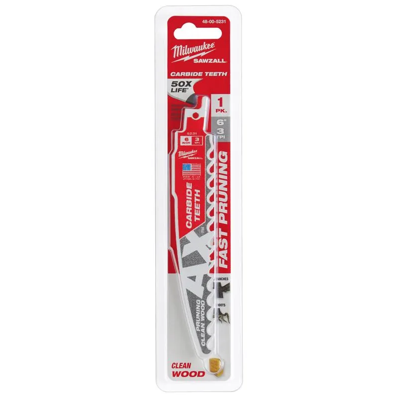 Milwaukee AX Sawzall 6 in. Carbide Pruning & Clean Wood Reciprocating Saw Blade 3 TPI 1 pk