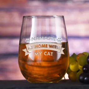 Namaste At Home With My Cat, Social Distancing Stemless Wine Glass