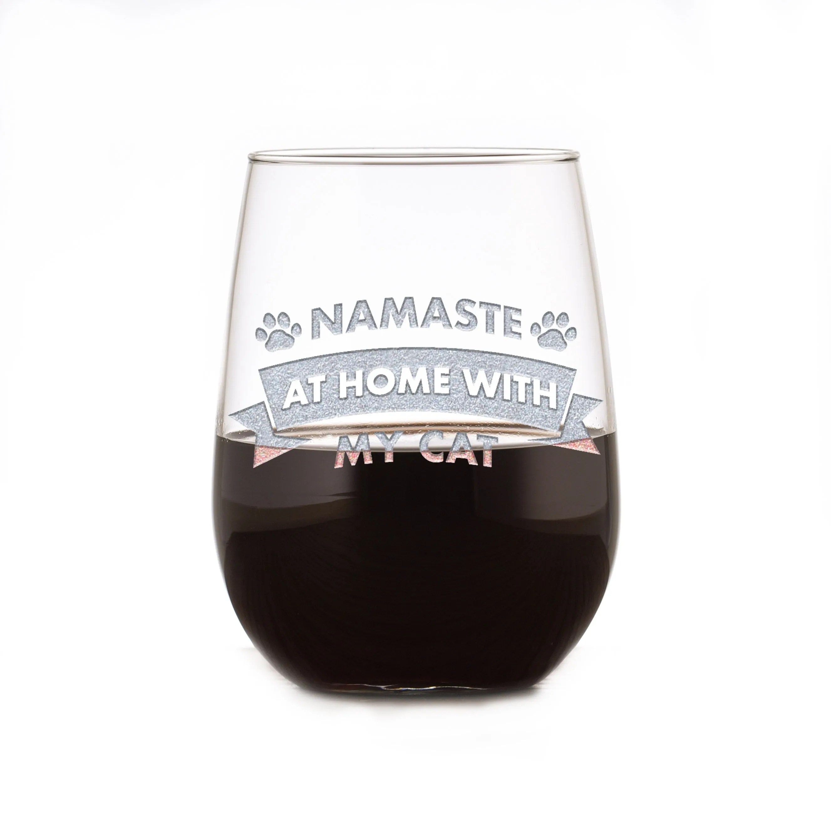 Namaste At Home With My Cat, Social Distancing Stemless Wine Glass