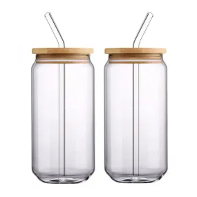 (NET) Can Glass Juice Water Cup With Bamboo Wood Lid And Plastic Straw 500 ml