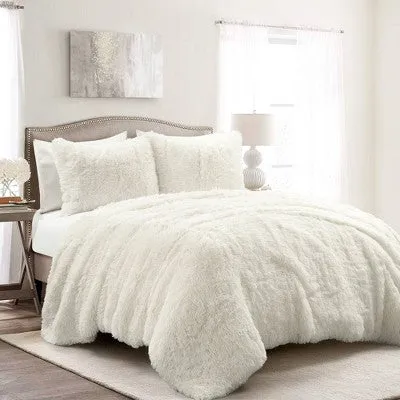 New - 3pc Full/Queen Emma Faux Fur Comforter Set Ivory - Lush Décor