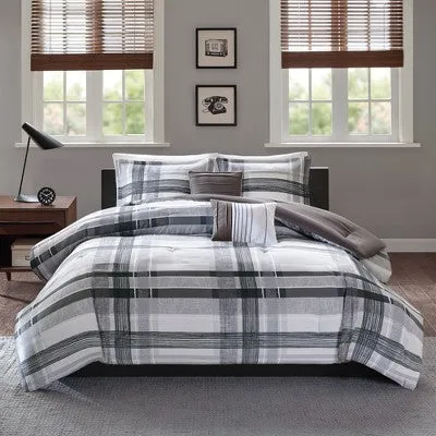 New - 4pc Twin/Twin XL Slate Plaid Comforter Set Black