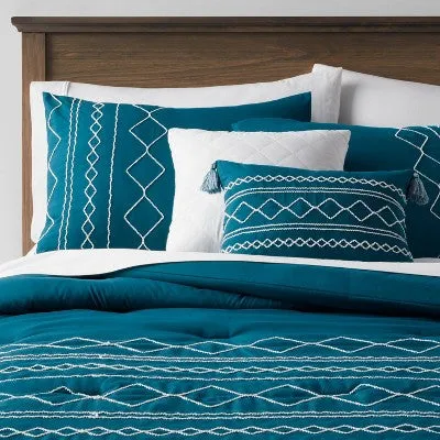 New - 5pc Full/Queen Kenton Diamond Stitch Comforter Bedding Set Dark Teal Blue -