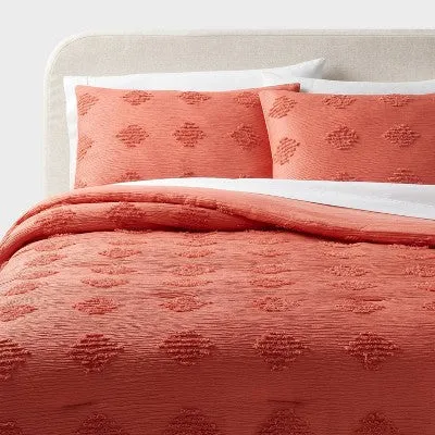 New - Twin/Twin Extra Long Tufted Diamond Crinkle Comforter and Sham Set Melon Pink - Threshold