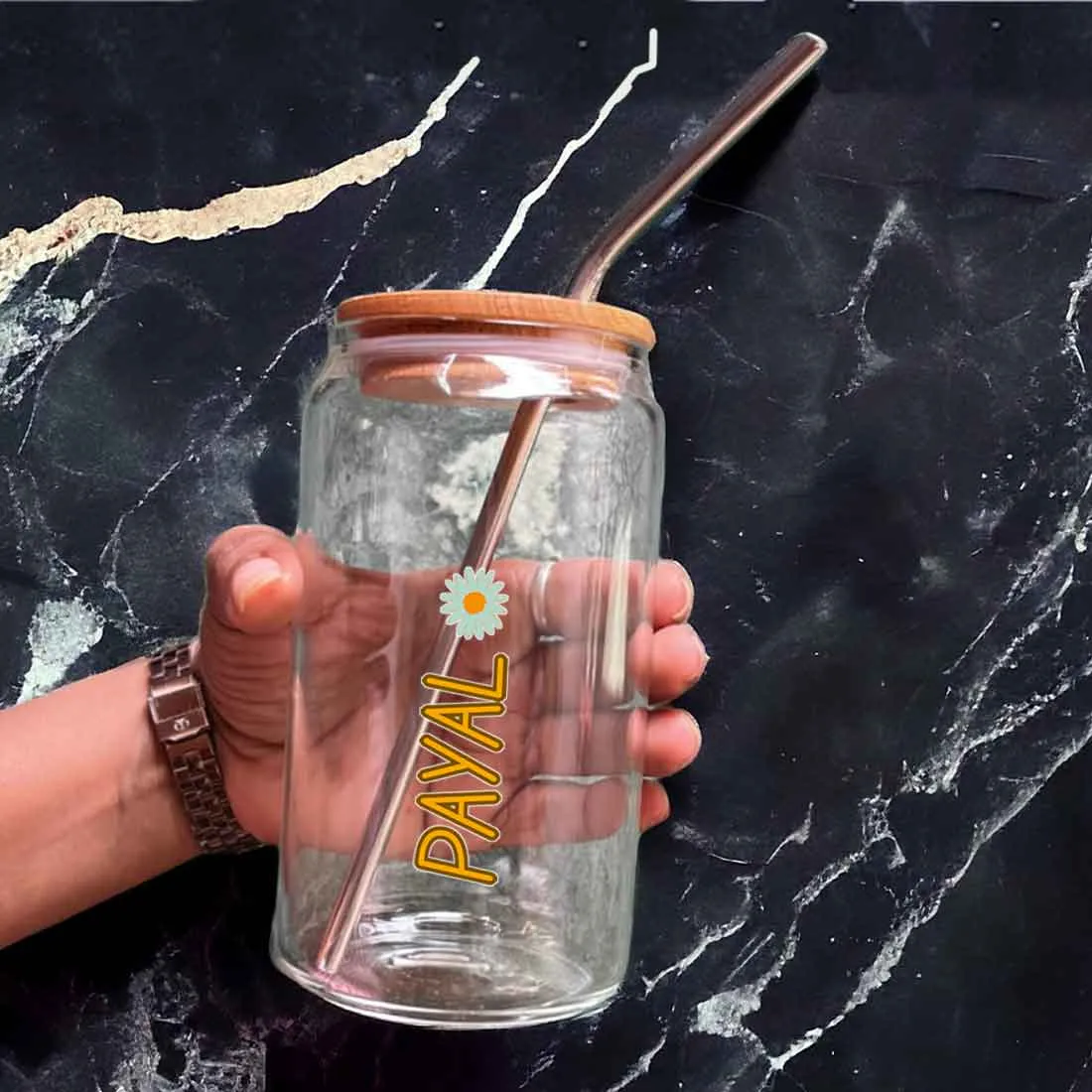 Nutcase Glass Can with Lid and Straw - Custom Juice Can with Metal Straw