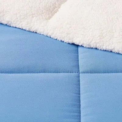 Open Box - Full/Queen Faux Shearling Washed Microfiber Reversible Comforter Blue - Room