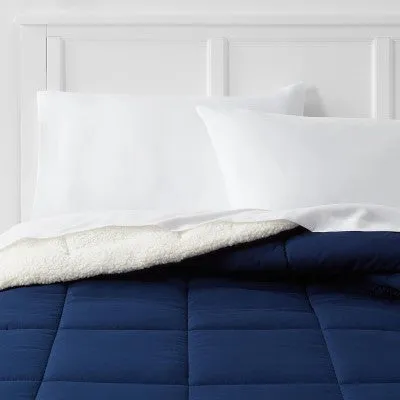 Open Box - Full/Queen Faux Shearling Washed Microfiber Reversible Comforter Navy - Room Essentials