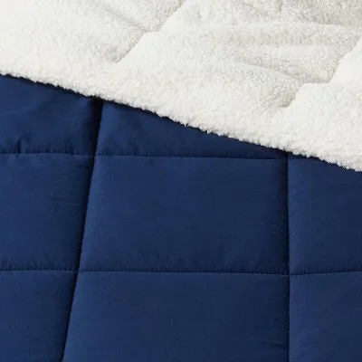 Open Box - Full/Queen Faux Shearling Washed Microfiber Reversible Comforter Navy - Room Essentials