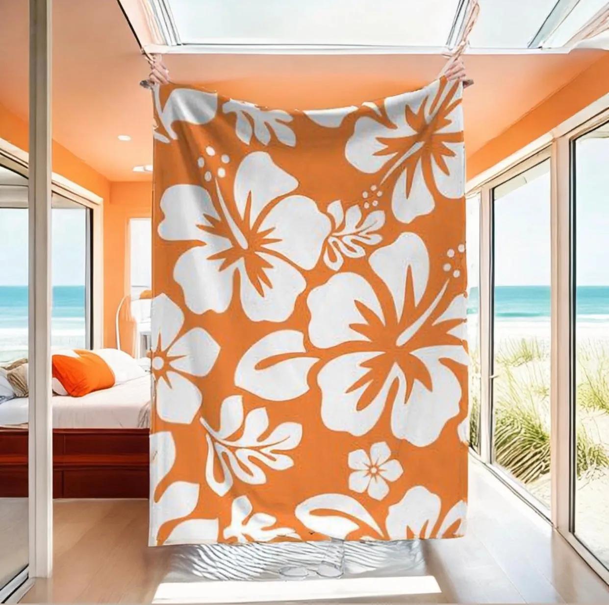 Orange and White Hawaiian Flowers Minky Throw Blanket