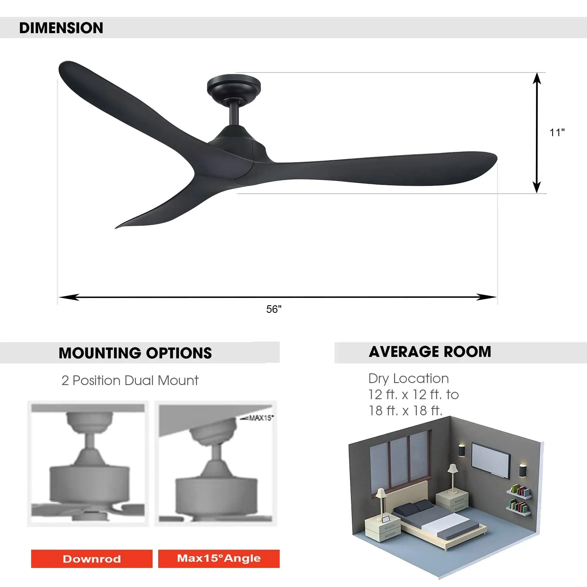 Parrot Uncle 56" Propeller Ceiling Fan Downrod Mount with Remote Control New