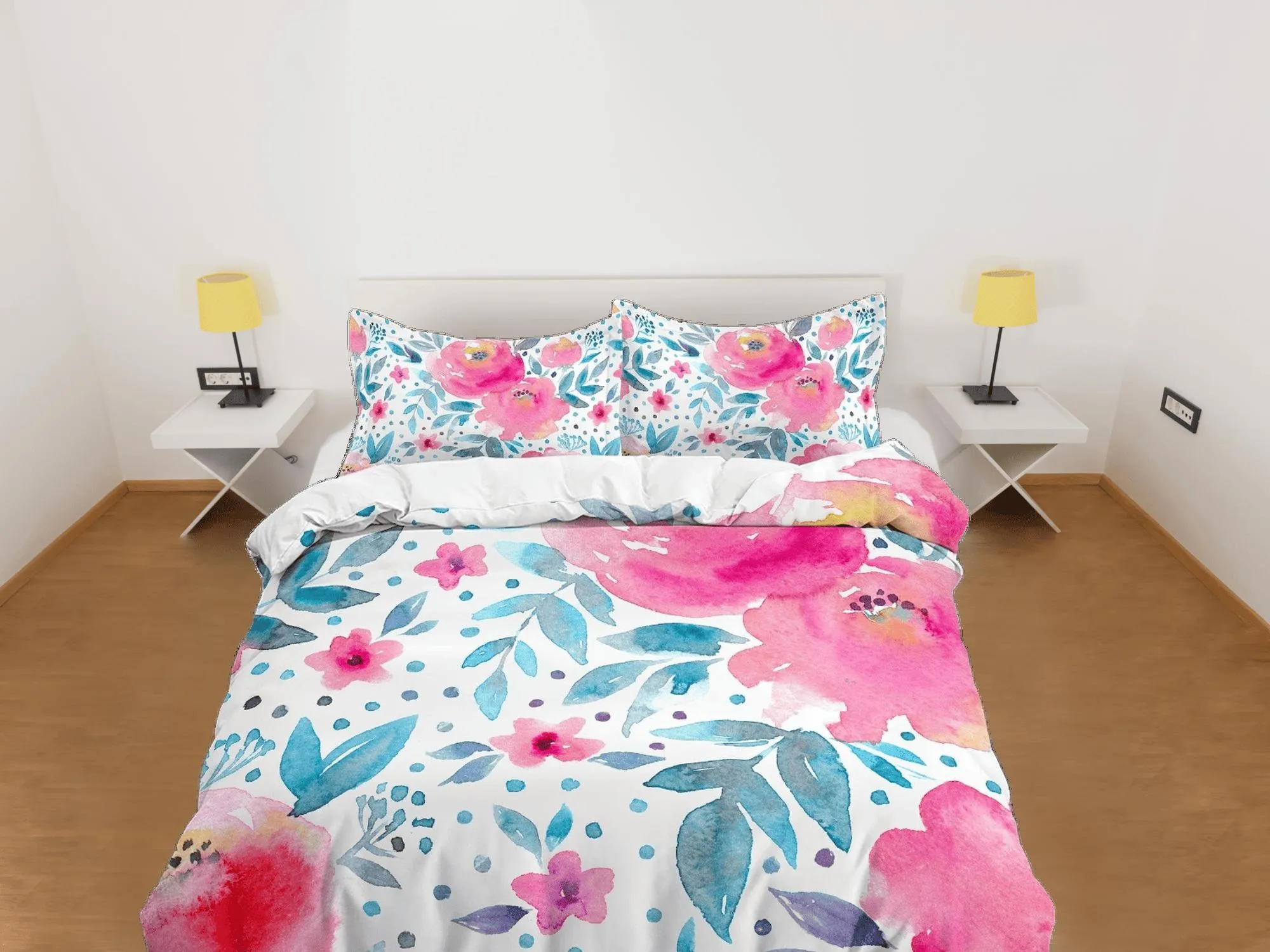 Pink floral painted duvet cover colorful bedding, teen girl bedroom, baby girl crib bedding boho maximalist bedspread aesthetic bedding