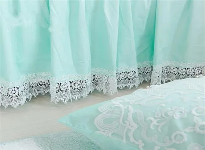 Princess Style Lace Edging Mint Green Cotton Luxury 4-Piece Bedding Sets