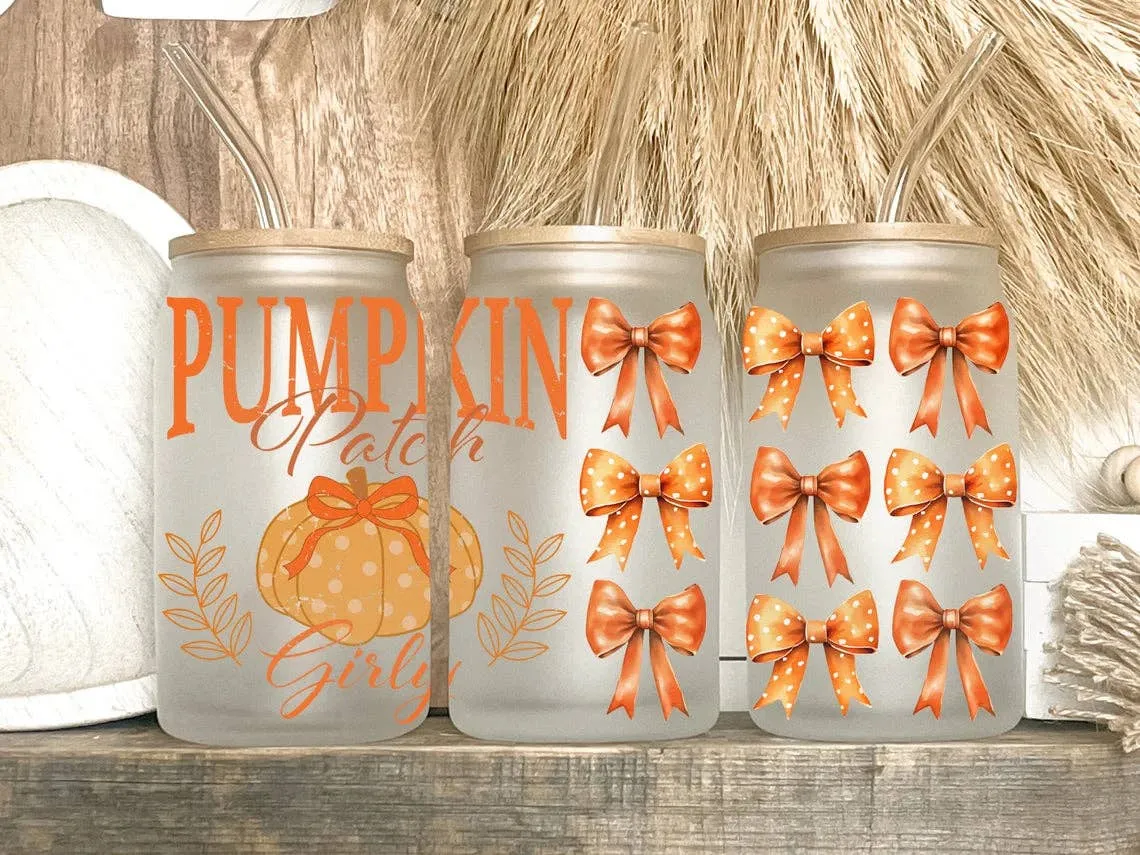 Pumpkin Patch Girly Coquette Bows Fall 16oz Libbey Glass Tumbler