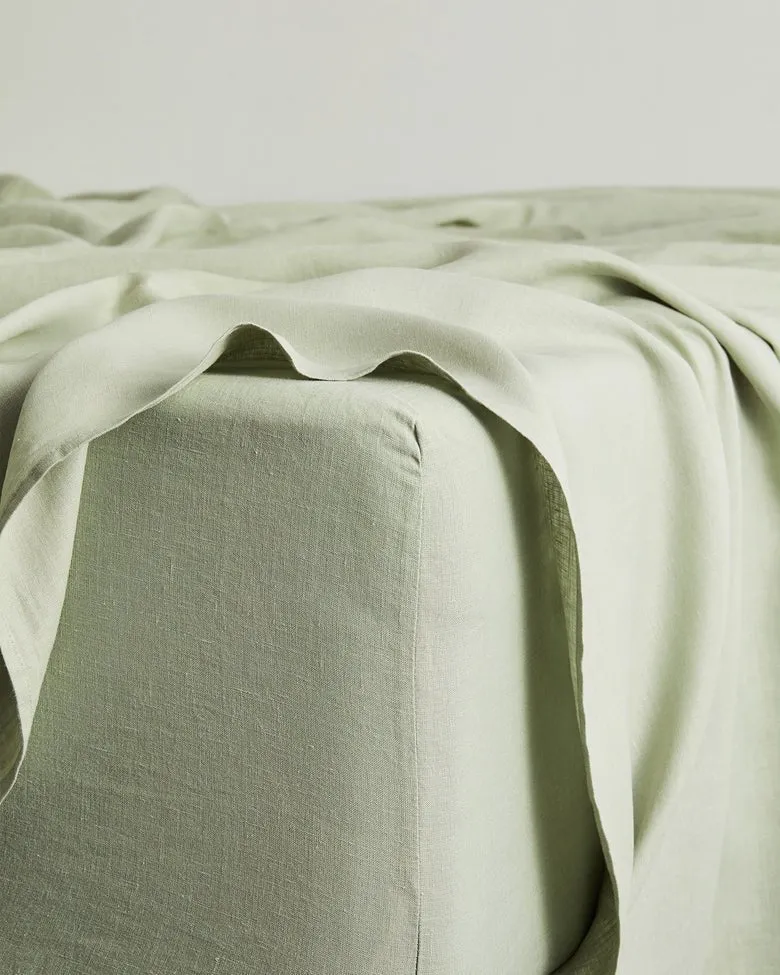 Pure Linen Fitted Sheet with Pillow Covers | 3 Pc Set |Sage Green