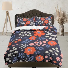 Red poppies floral dark blue duvet cover colorful bedding, teen girl bedroom, baby girl crib bedding boho maximalist aesthetic bedding