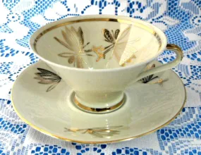 Retro Bavarian Martini Glass Shape Cup And Saucer Gold Overlay Leaves 1950s