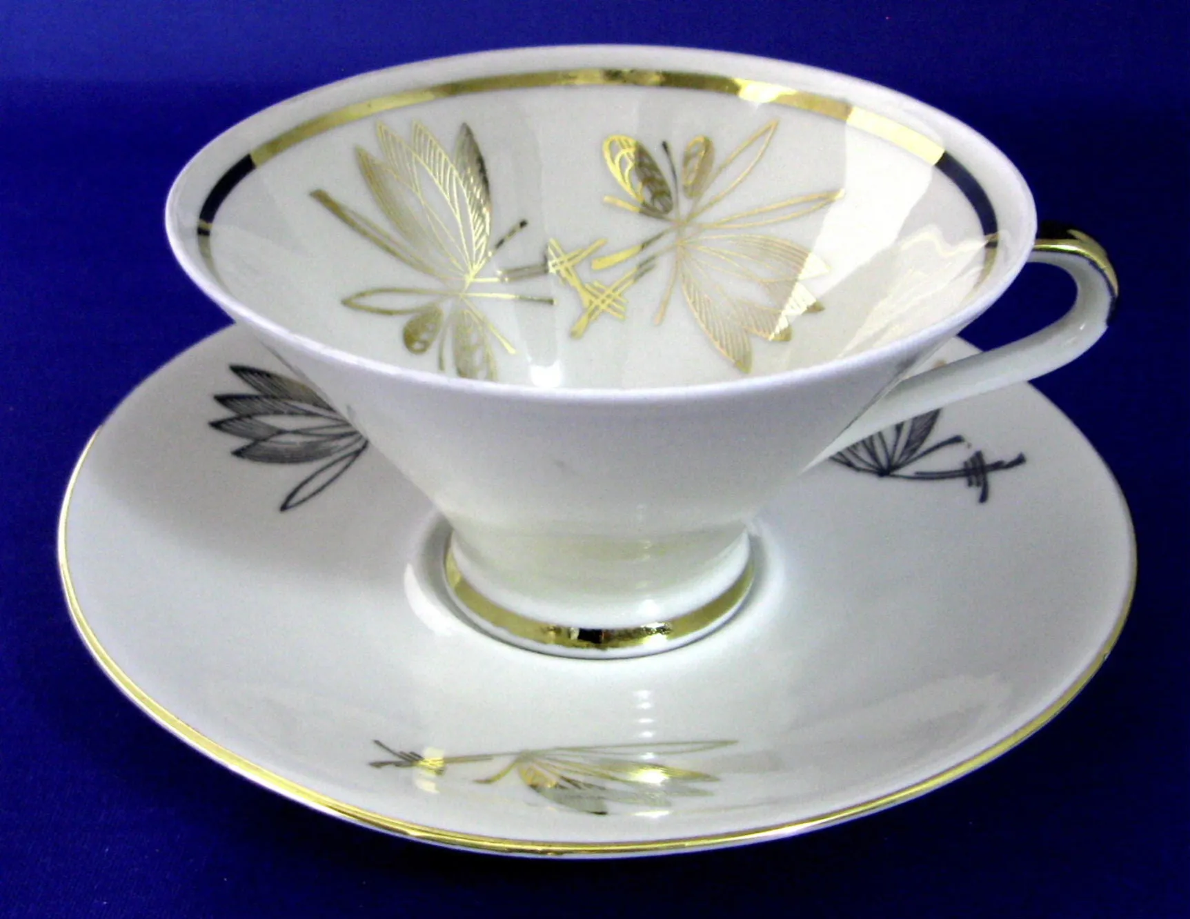 Retro Bavarian Martini Glass Shape Cup And Saucer Gold Overlay Leaves 1950s