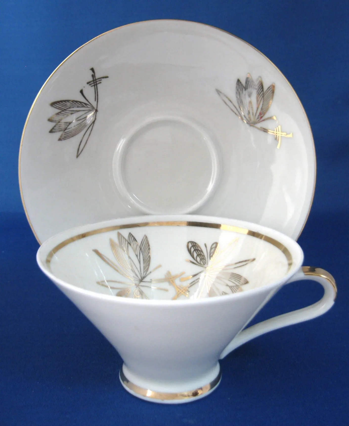 Retro Bavarian Martini Glass Shape Cup And Saucer Gold Overlay Leaves 1950s