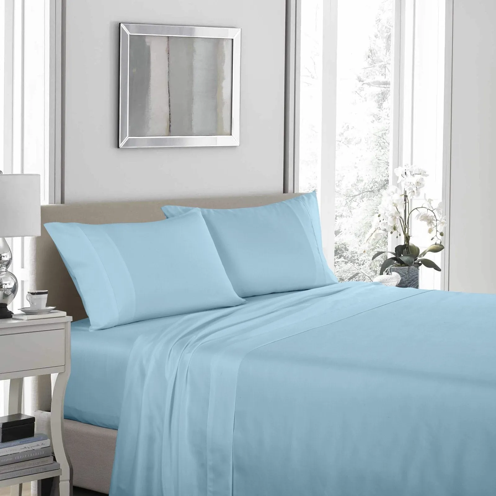 Royal Comfort 1200 Thread Count Sheet Set 4 Piece Ultra Soft Satin Weave Finish Queen Sky Blue