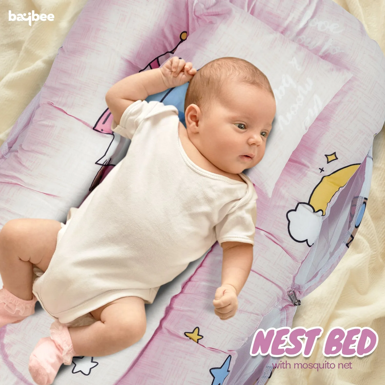 SafeDreams Series Baby Bedding Set for New Born Baby Mosquito Net & Neck Pillow, Sleeping Nest