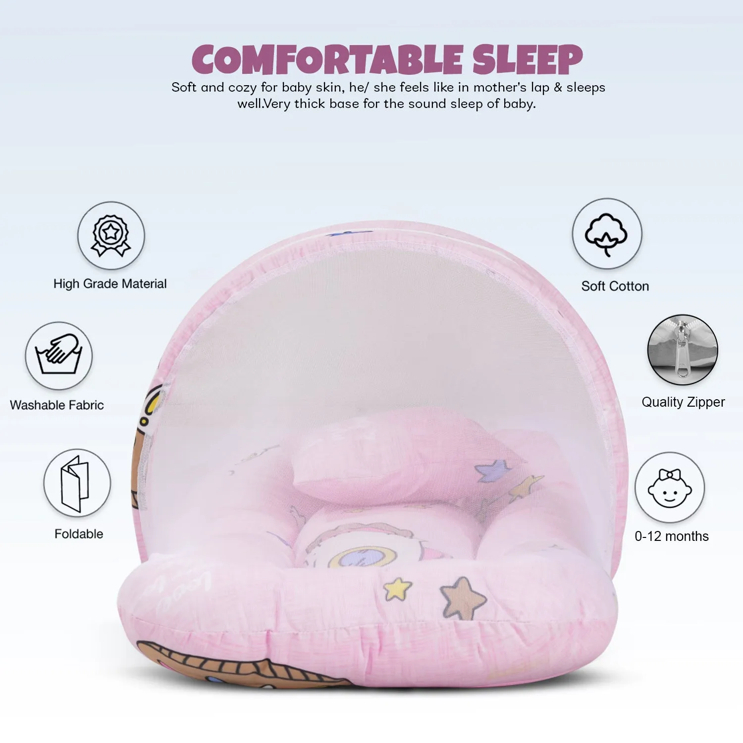 SafeDreams Series Baby Bedding Set for New Born Baby Mosquito Net & Neck Pillow, Sleeping Nest