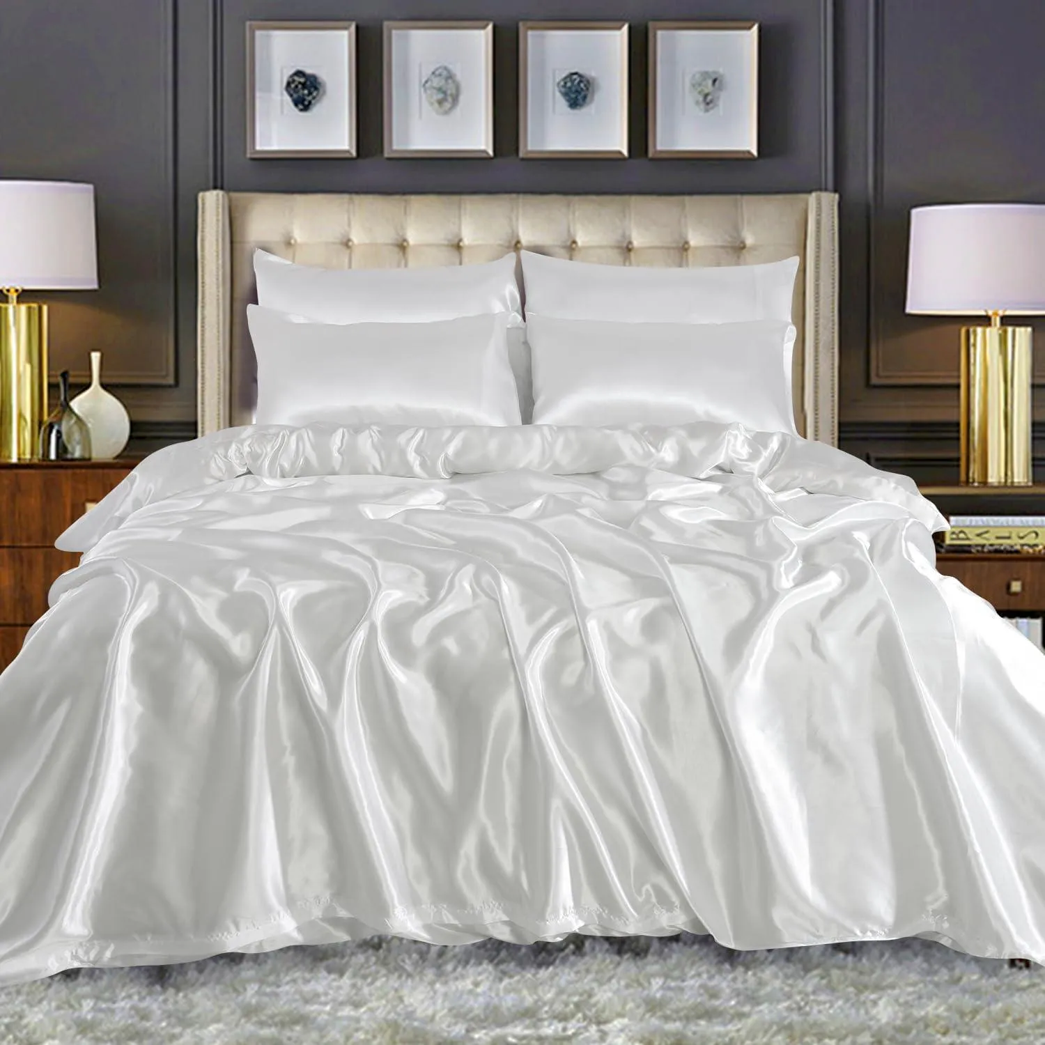 Satin Silk 6Piece Bedding Set Fitted Sheet, Duvet Cover, Pillowcases