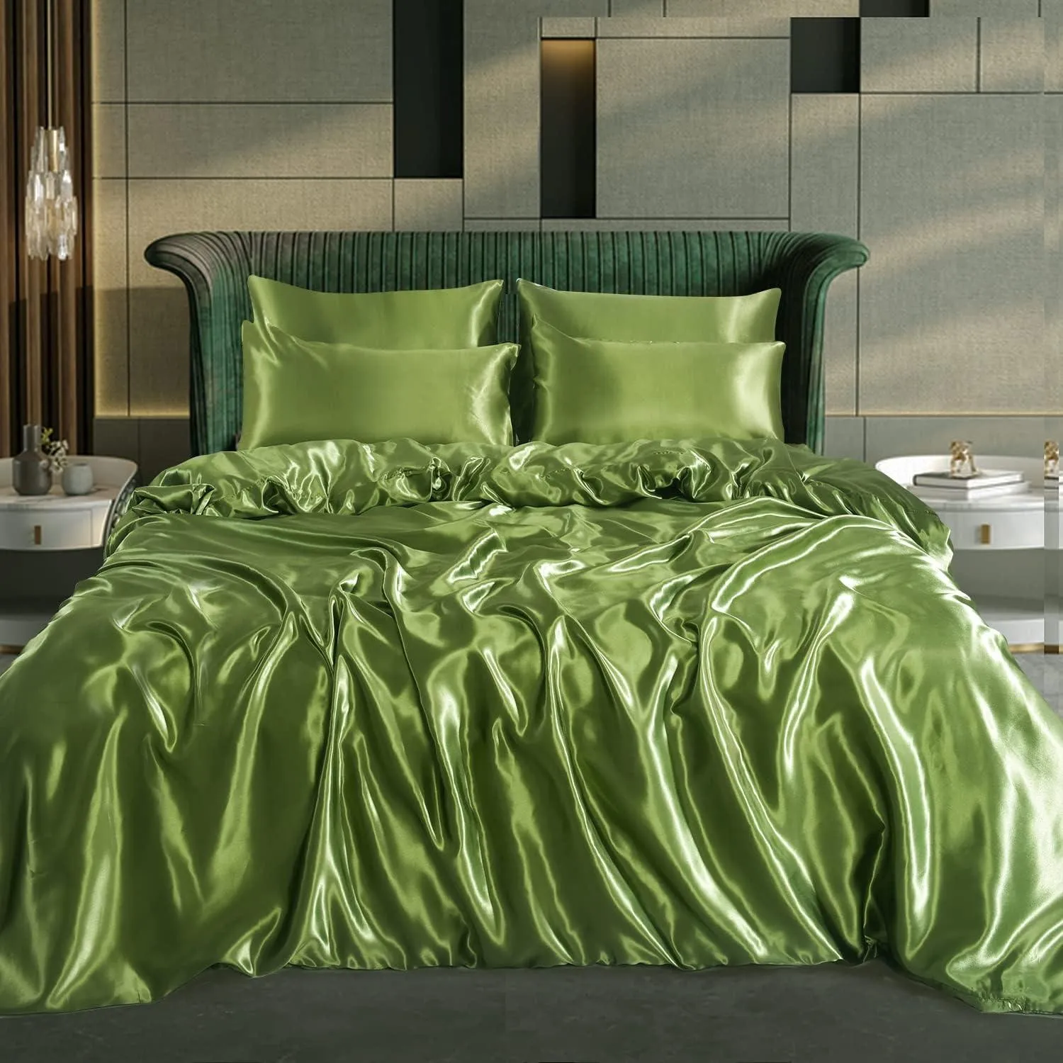 Satin Silk 6Piece Bedding Set Fitted Sheet, Duvet Cover, Pillowcases